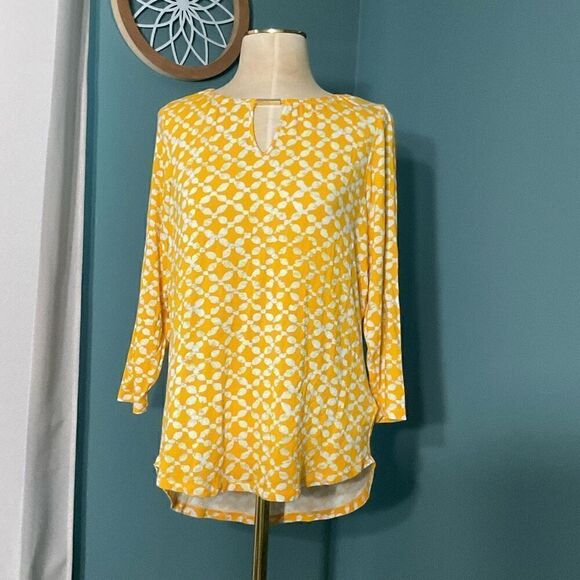 Michael Kors Womens Geometric 3/4 Sleeve Jersey Keyhole Top Yellow White Small - Picture 10 of 10